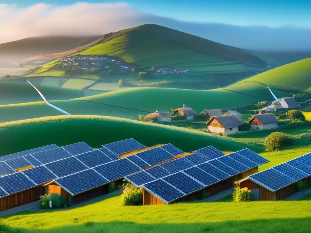 Inversiones sostenibles: Eco-hogares en armonía con la naturaleza Terrenos sin desarrollar sostenibles: Paisaje verde con casas ecológicas, paneles solares y turbinas eólicas