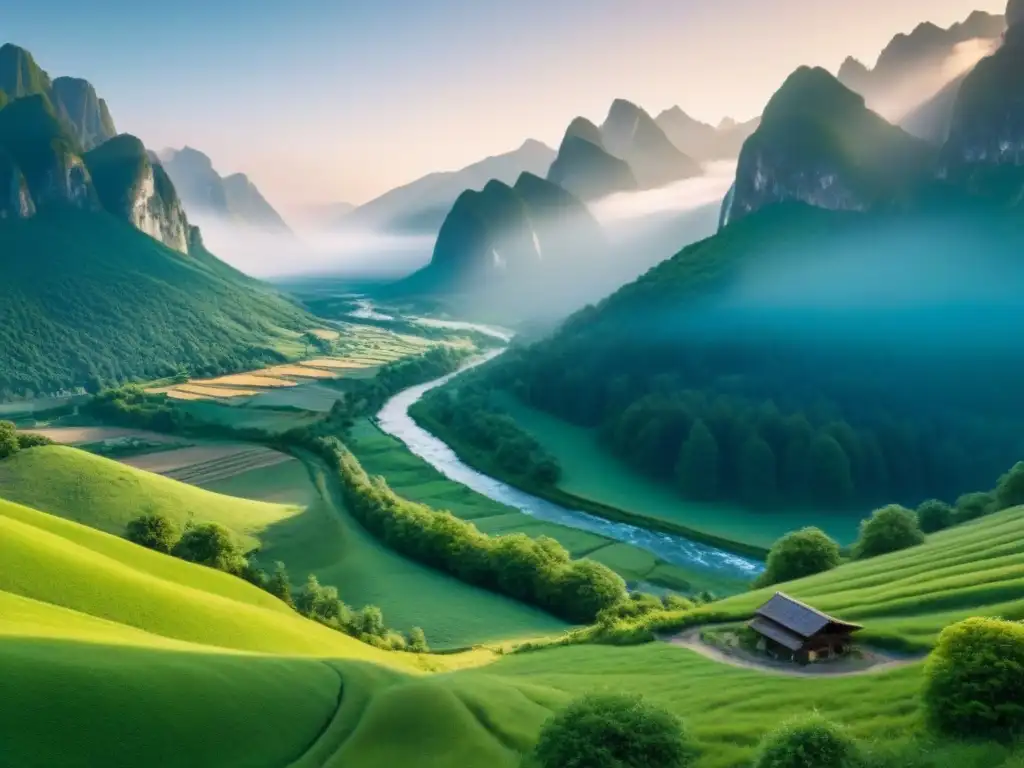 Valle verde exuberante entre montañas: belleza natural en 8k Invertir en terrenos sin desarrollar: Un valle verde exuberante rodeado de montañas, río serpenteante y pueblo en la distancia