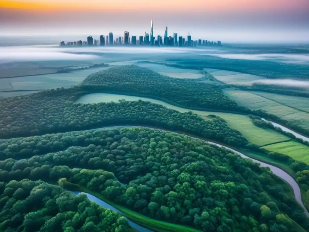 Tierra virgen: potencial de desarrollo inmobiliario Invertir en terrenos sin desarrollar: Vista aérea detallada de extenso paisaje virgen con colinas, bosques y ríos