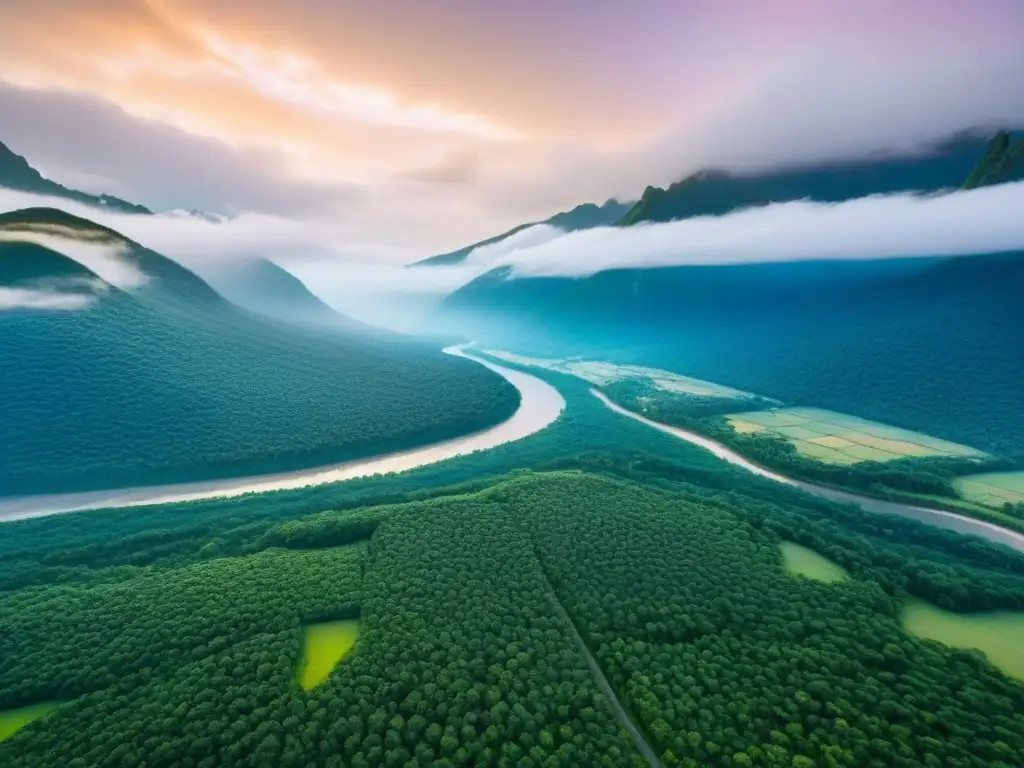 Inversión en tierras vírgenes: belleza y potencial sin límites Invertir en terrenos sin desarrollar: Vista aérea impresionante de tierras vírgenes con bosques verdes, ríos sinuosos y montañas nevadas al fondo