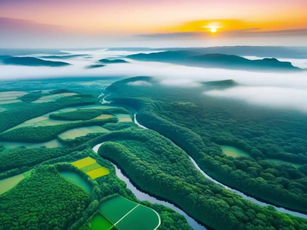 Oportunidades de inversión en tierras vírgenes al atardecer Invierte en terrenos sin desarrollar: Vista aérea impresionante de un paisaje virgen con bosques verdes, colinas y un río brillante serpenteando