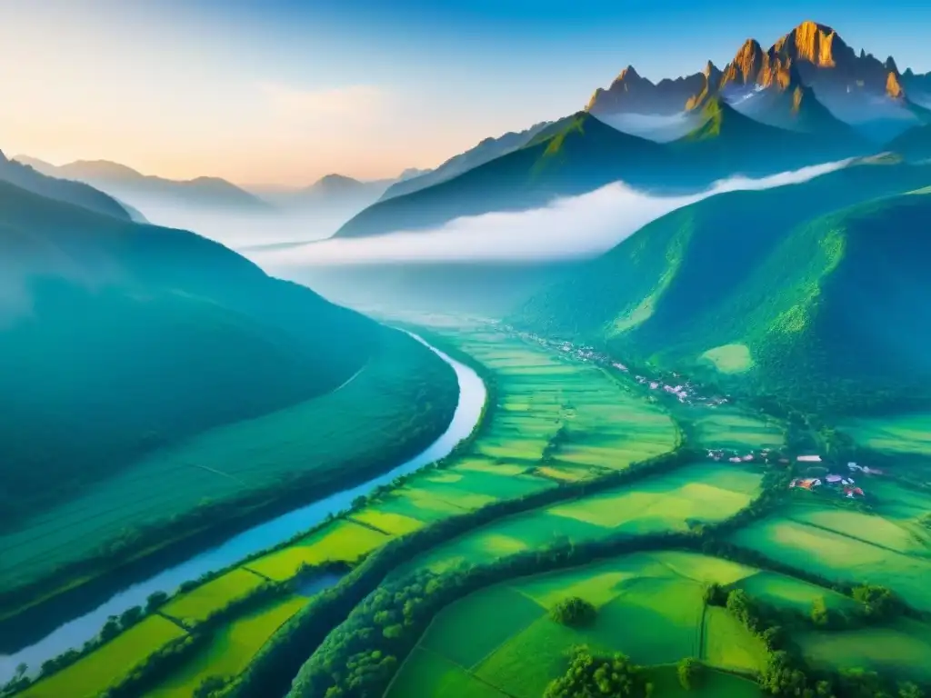Tierra virgen: belleza natural y potencial sin límites Invertir en terrenos sin desarrollar: Vista aérea impresionante de exuberante paisaje verde, río tranquilo y montañas majestuosas al fondo