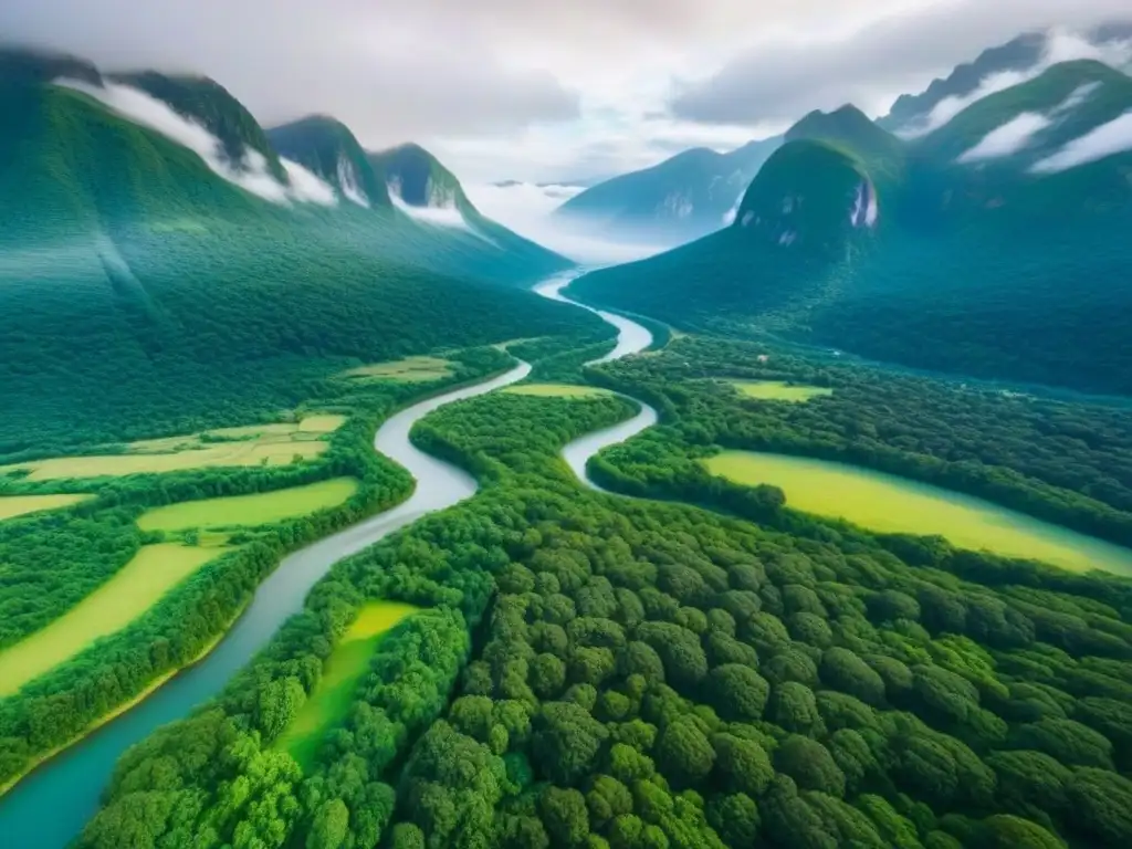 Tierra virgen: belleza natural y potencial para inversores Invertir en terrenos sin desarrollar: Vista aérea impresionante de tierras vírgenes con bosques verdes, ríos sinuosos y montañas nevadas al fondo