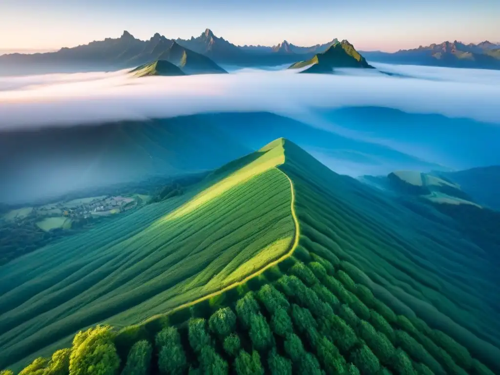 Inversión en tierras vírgenes: belleza natural y potencial Invertir en terrenos sin desarrollar: Vista aérea de tierras verdes y montañas majestuosas bajo un cielo azul