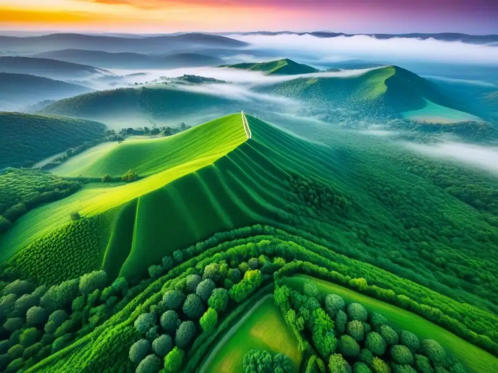 Inversiones en tierras vírgenes: diversidad y potencial Invierte en terrenos sin desarrollar: vista aérea de tierras vírgenes con diversos paisajes bañados por la luz dorada