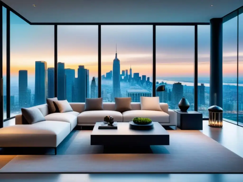 Salón de lujo con vista urbana en propiedad de alta gama Testimonios propiedades lujo internacional: Sala de estar moderna y lujosa con vista a la ciudad y exquisito diseño interior