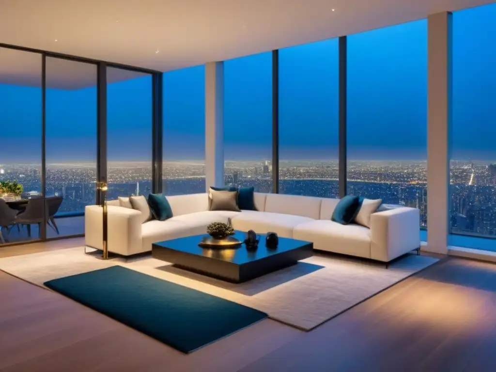 Penthouse de lujo con vista nocturna a la ciudad Testimonios propiedades lujo internacional: Elegante penthouse moderno con vista nocturna de la ciudad y diseño interior sofisticado