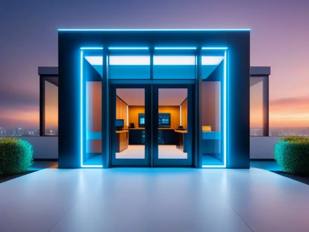 Edificio futurista con tecnología de autenticación avanzada El texto ALT es: 'Edificio moderno con entrada de seguridad avanzada y autenticación doble