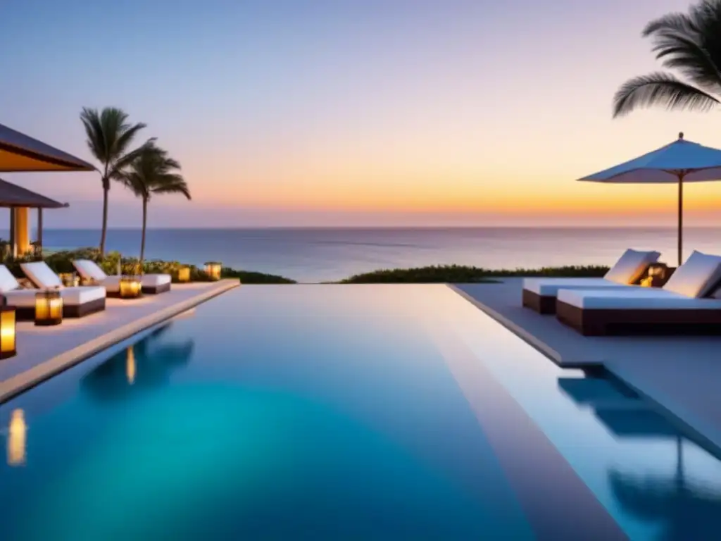 Resort de lujo frente al mar: piscina infinita, atardecer y relax Inversión en tiempo compartido análisis: Pareja disfruta de lujoso resort en la playa al atardecer