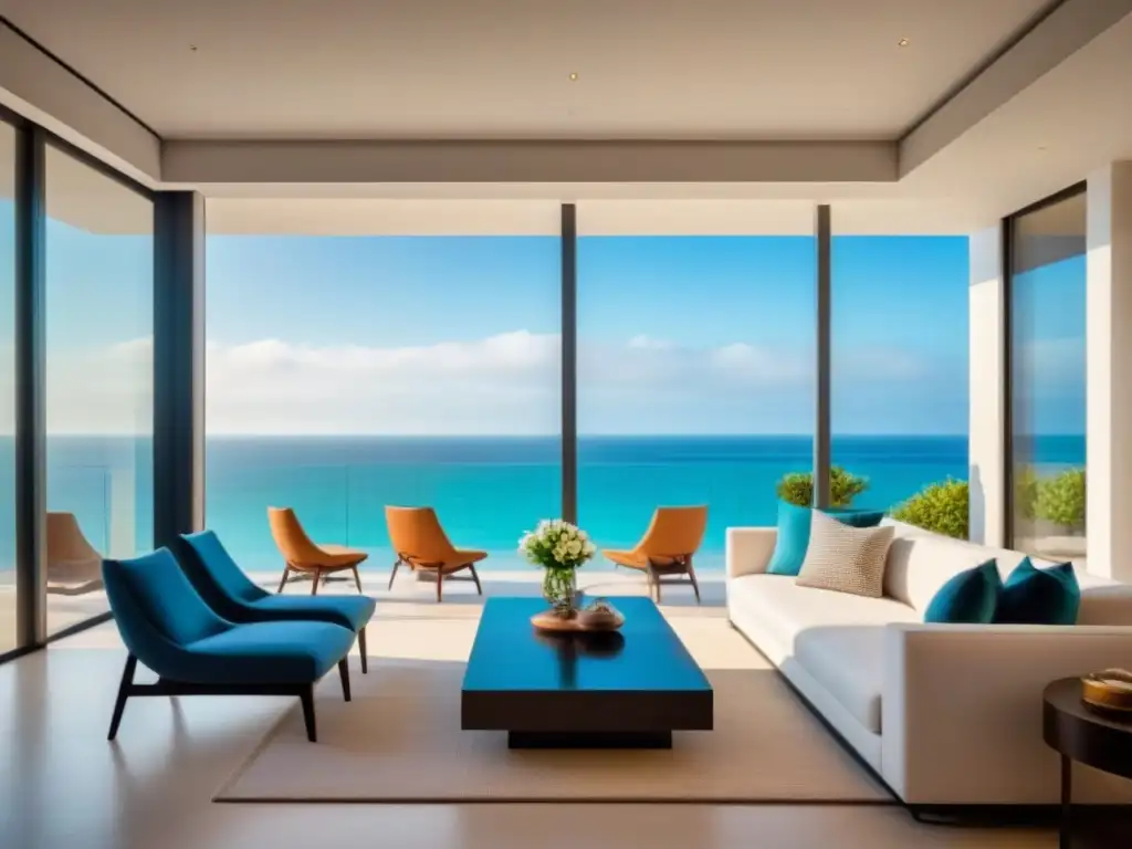 Salón de lujo con vista a la playa: elegancia contemporánea Inversión en tiempo compartido análisis: Sala de estar moderna de lujo con vista a la playa y decoración contemporánea