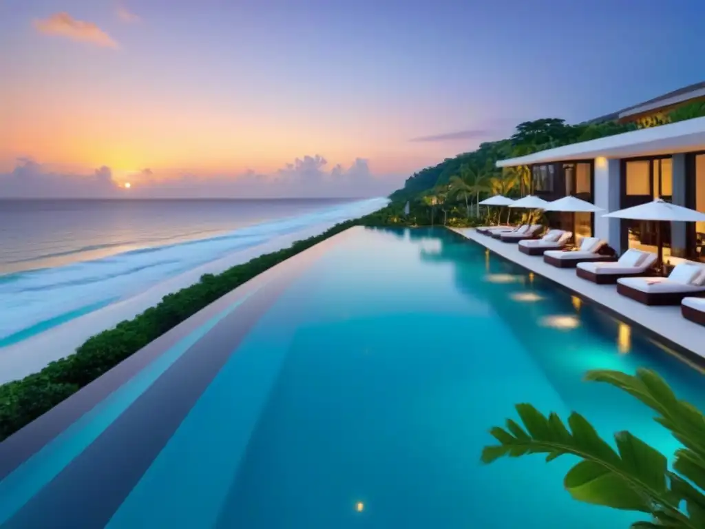 Condominios de lujo frente al mar: sofisticación y exclusividad Inversión en tiempo compartido: Condominio moderno de lujo en la playa al atardecer