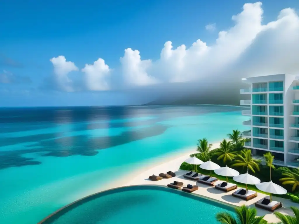 Resort de lujo en destino exótico: aguas turquesa y playa paradisíaca Inversión en tiempo compartido en destinos exóticos: Resort de lujo frente al mar con aguas turquesas, palmeras y playa de arena blanca