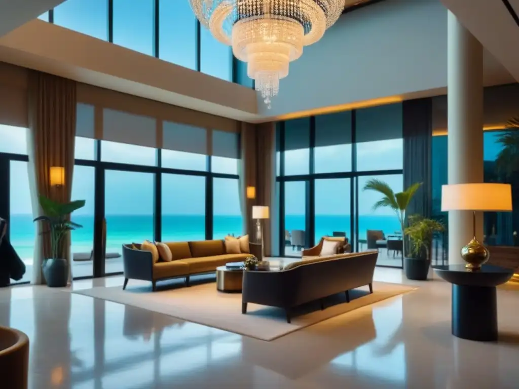 Exclusivo lobby de hotel con arte abstracto y vista a la playa Invertir en tiempo compartido en un elegante lobby de hotel con vista a la playa, sofisticación y exclusividad