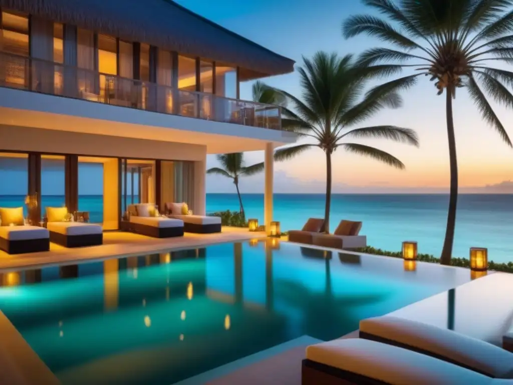 Resort de lujo frente al mar en paraíso exótico Inversión en tiempo compartido internacional: Escena de lujo en un resort frente a la playa, con aguas turquesas y atardecer dorado