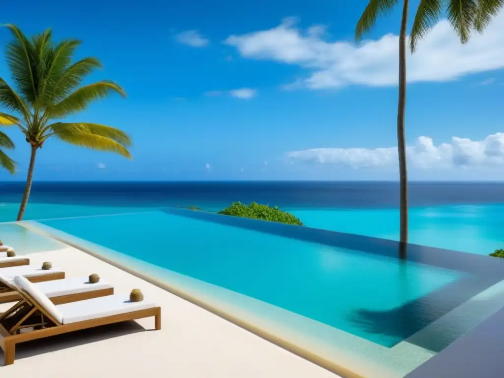 Paraíso tropical: piscina infinita de lujo en playa de arena blanca Inversión en tiempo compartido internacional: Exclusiva piscina infinita con vista a la playa tropical