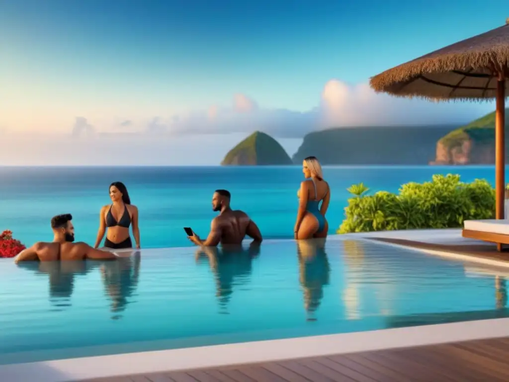 Experiencias internacionales de lujo en resort con diversidad Promoción de tiempo compartido internacional: Grupo diverso disfruta de lujoso resort frente al mar