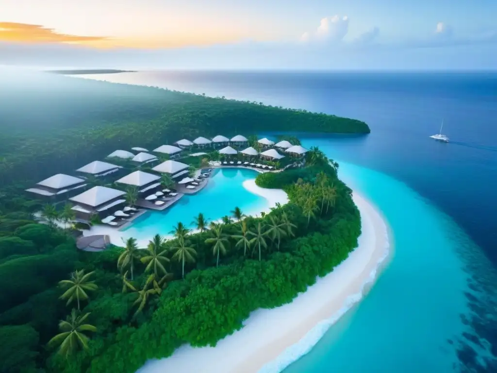 Paraíso tropical de lujo: villas, playa y yates al atardecer Invierte en tiempo compartido internacional: lujoso resort tropical al atardecer con aguas turquesas y villas de lujo