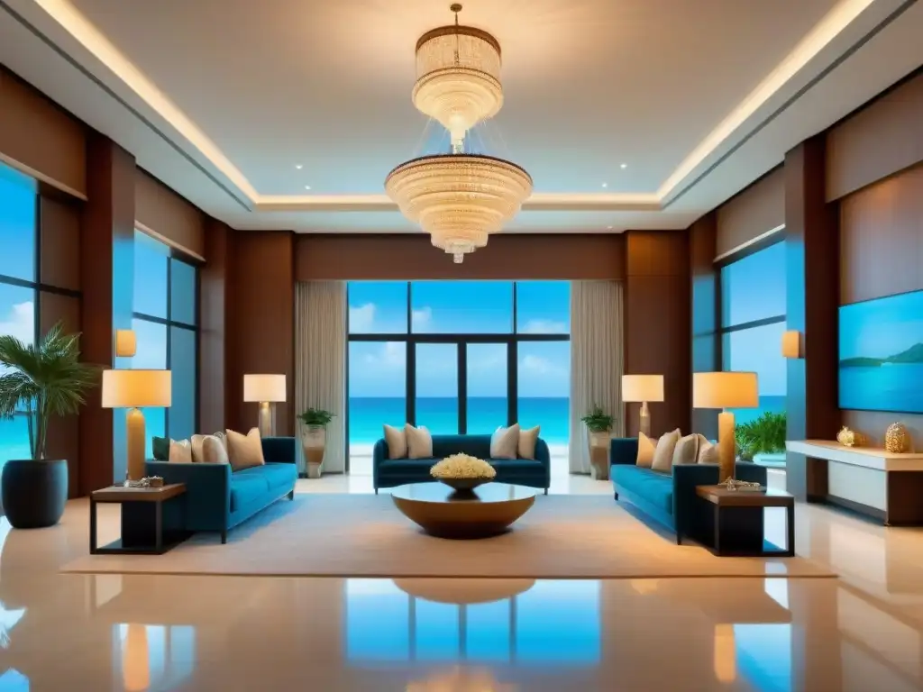 Lobby exclusivo en resort de lujo con vista a la playa Invierte en tiempo compartido internacional: Lobby lujoso con muebles elegantes, suelos de mármol y una gran lámpara colgante