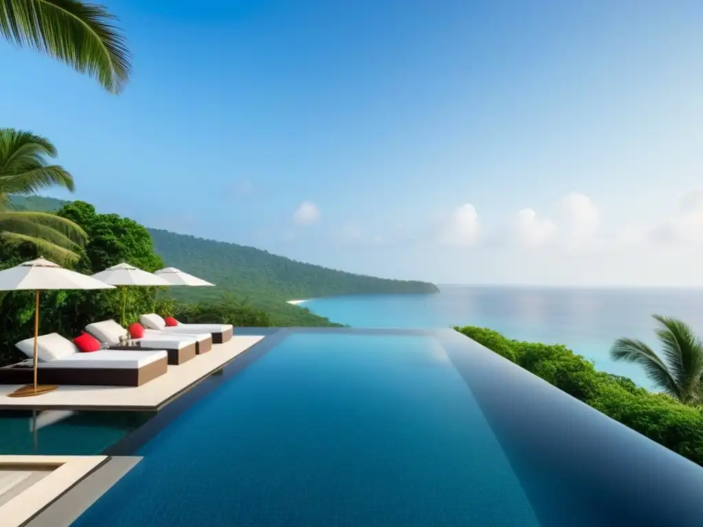 Paraíso tropical: Piscina infinita de lujo en playa paradisíaca Invierte en tiempo compartido internacional: piscina infinita de lujo con vistas a la playa y exuberante vegetación tropical, en un elegante resort