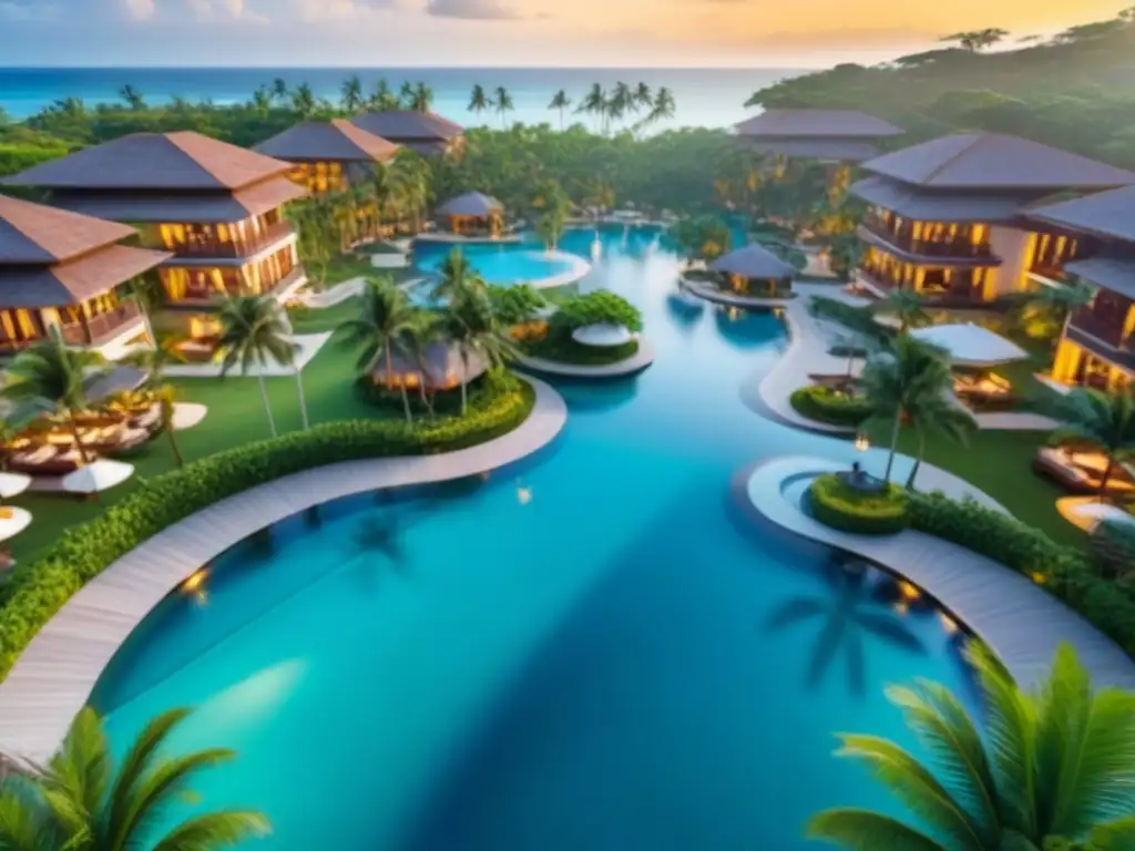 Exclusivo resort de lujo en paraíso tropical con vista aérea Invertir en tiempo compartido internacional: Resort de lujo frente al mar en paraíso tropical al atardecer