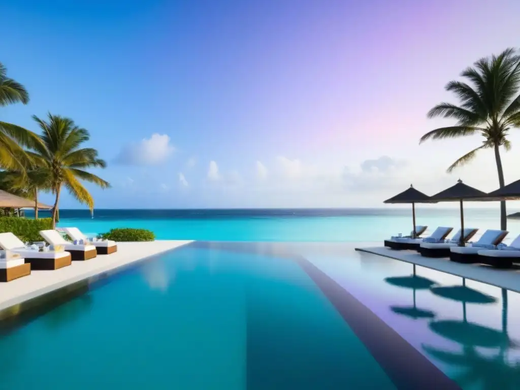 Resort de lujo en la playa: infinity pools, atardeceres vibrantes y relax Invertir en tiempo compartido internacional: Resort de lujo frente al mar con arquitectura moderna, piscinas infinitas y atardecer vibrante