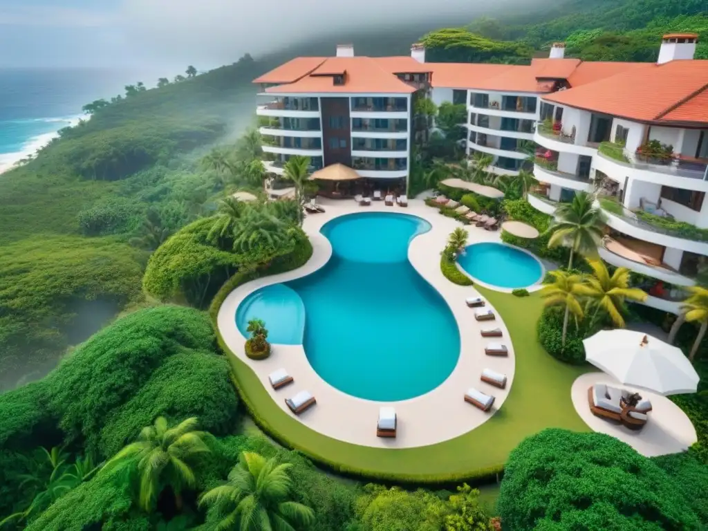 Resort de lujo: paraíso tropical con vistas al mar Invertir en tiempo compartido internacional: Resort de lujo con arquitectura moderna, piscinas relucientes y vistas panorámicas al mar