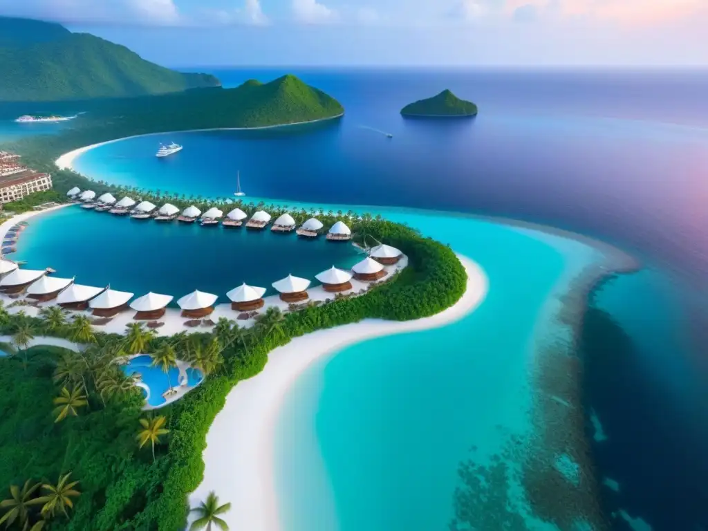 Paraíso tropical: Resort de lujo con villas y marina exclusiva Invertir en tiempo compartido internacional: Vista aérea de un lujoso resort tropical con villas elegantes y aguas turquesas cristalinas al atardecer