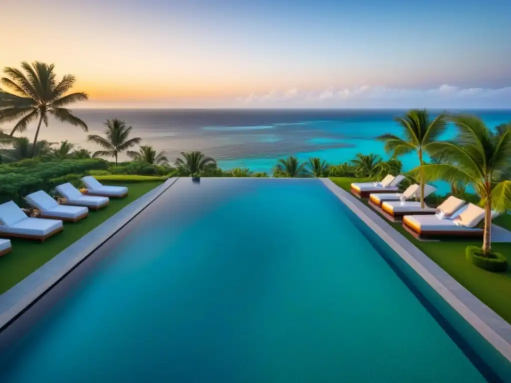 Exclusiva piscina de lujo con vista al mar turquesa Inversión en tiempo compartido de lujo con beneficios exclusivos junto a la piscina infinita en un atardecer sereno