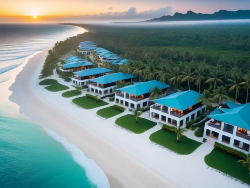 Paraíso de lujo frente al mar: inversión exclusiva en timeshare Inversión en tiempo compartido de lujo: Resort frente al mar con aguas turquesa, palmeras y villas de lujo con piscinas infinitas, al atardecer