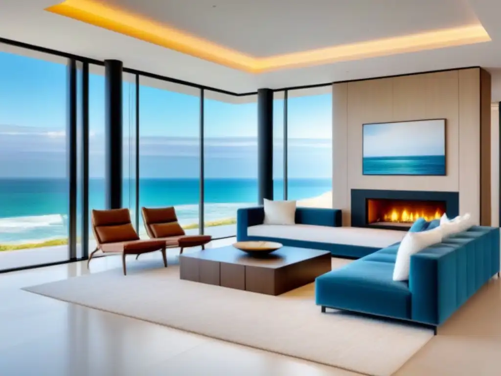 Salón de lujo con vista a la playa y elegante mobiliario moderno Inversión en tiempo compartido de lujo: sala moderna con vista a la playa, muebles elegantes y ambiente cálido