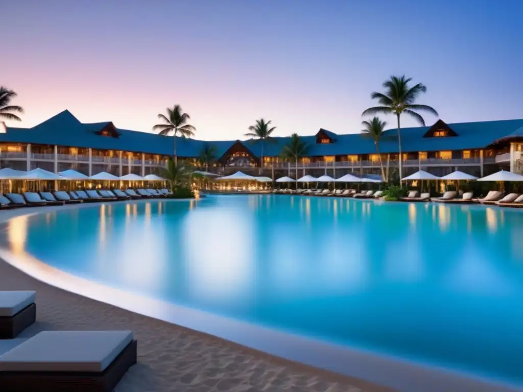 Resort de lujo frente al mar: exclusividad y relajación Invertir en tiempo compartido: Un lujoso complejo vacacional frente a la playa, con arquitectura elegante y aguas turquesas cristalinas al atardecer