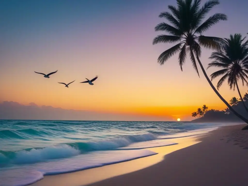 Inversión exclusiva: playa exótica al atardecer en 8K Invertir en tiempo compartido riesgos: Atardecer sereno en playa exótica con luces doradas sobre aguas turquesas y aves coloridas