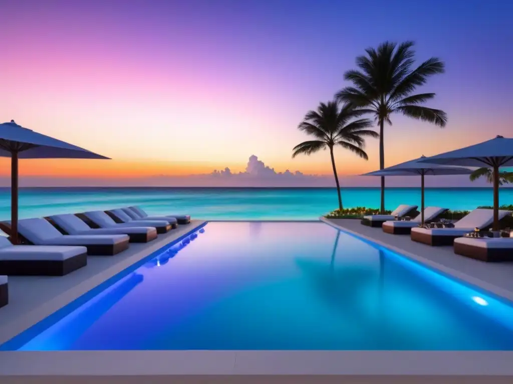 Resort de lujo en Cancún al atardecer: oasis paradisíaco Invertir en tiempo compartido riesgos: lujoso resort en Cancún al atardecer con playa, mar turquesa y arquitectura moderna