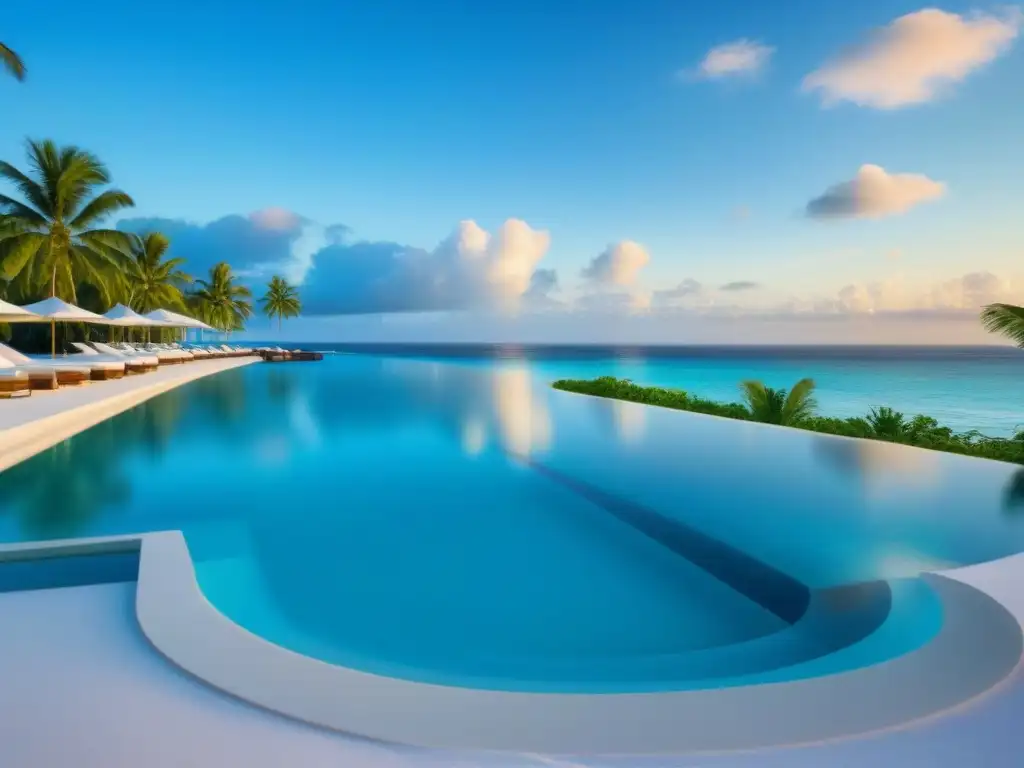 Paraíso de lujo en la playa: infinity pool, mar turquesa y relax Invertir en tiempo compartido riesgos: Lujoso resort frente al mar, piscina infinita cristalina, palmeras y vista al océano turquesa