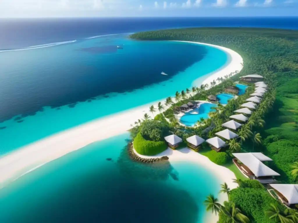 Paraíso vacacional: resort de lujo en paraíso tropical Invertir en tiempo compartido riesgos: Vista aérea de resort de lujo en paraíso tropical con aguas turquesas, playas blancas y villas modernas
