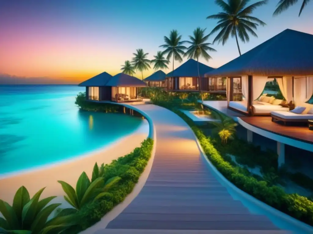 Paraísos tropicales: lujo y tranquilidad en resorts exóticos Invertir en tiempo compartido riesgos: Vista de resort tropical de lujo con aguas turquesa y palmeras bajo el sol poniente