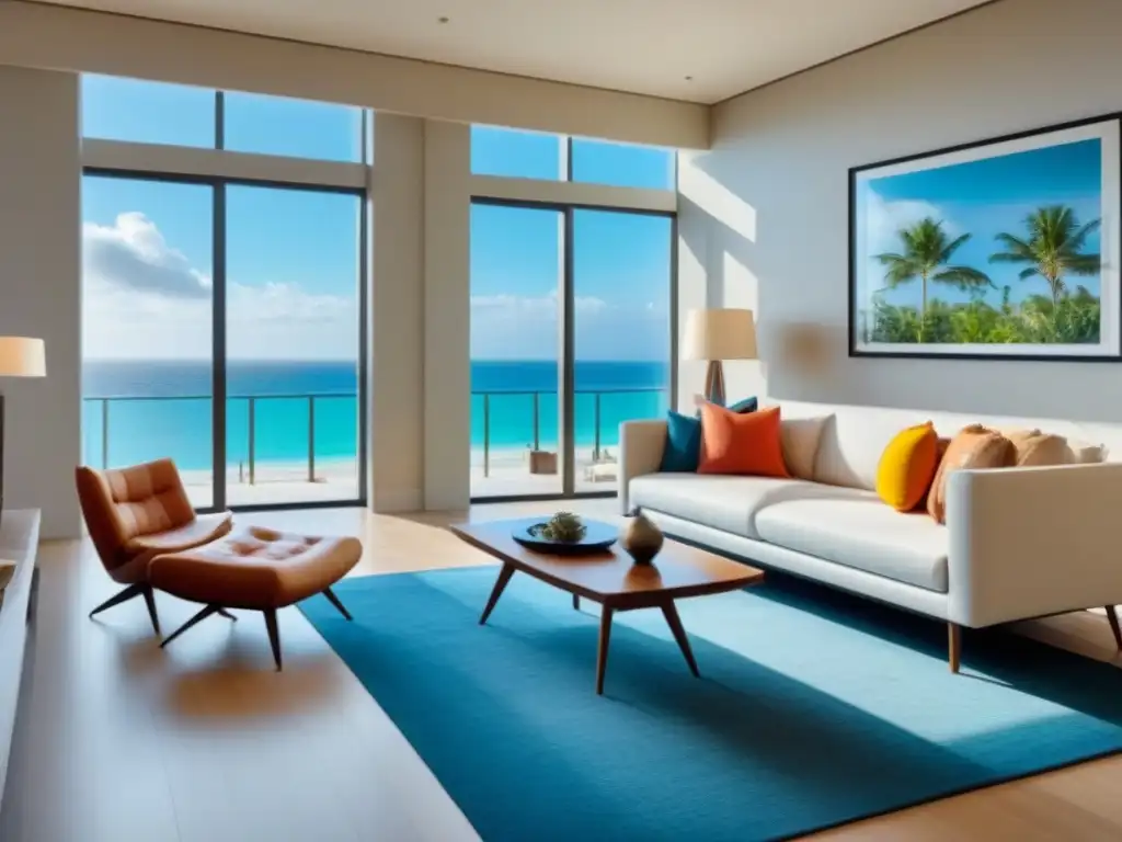 Sala de estar de lujo en resort de lujo con vista a la playa Invertir en tiempo compartido: Sala de estar lujosa y moderna en un exclusivo resort con vista a la playa tropical