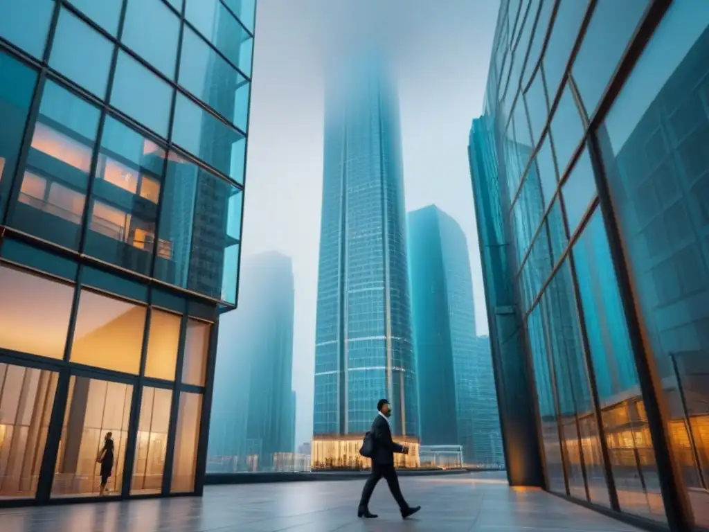 Edificio contemporáneo de lujo en ciudad internacional Una torre contemporánea en una ciudad internacional bulliciosa, con jóvenes profesionales entrando y saliendo