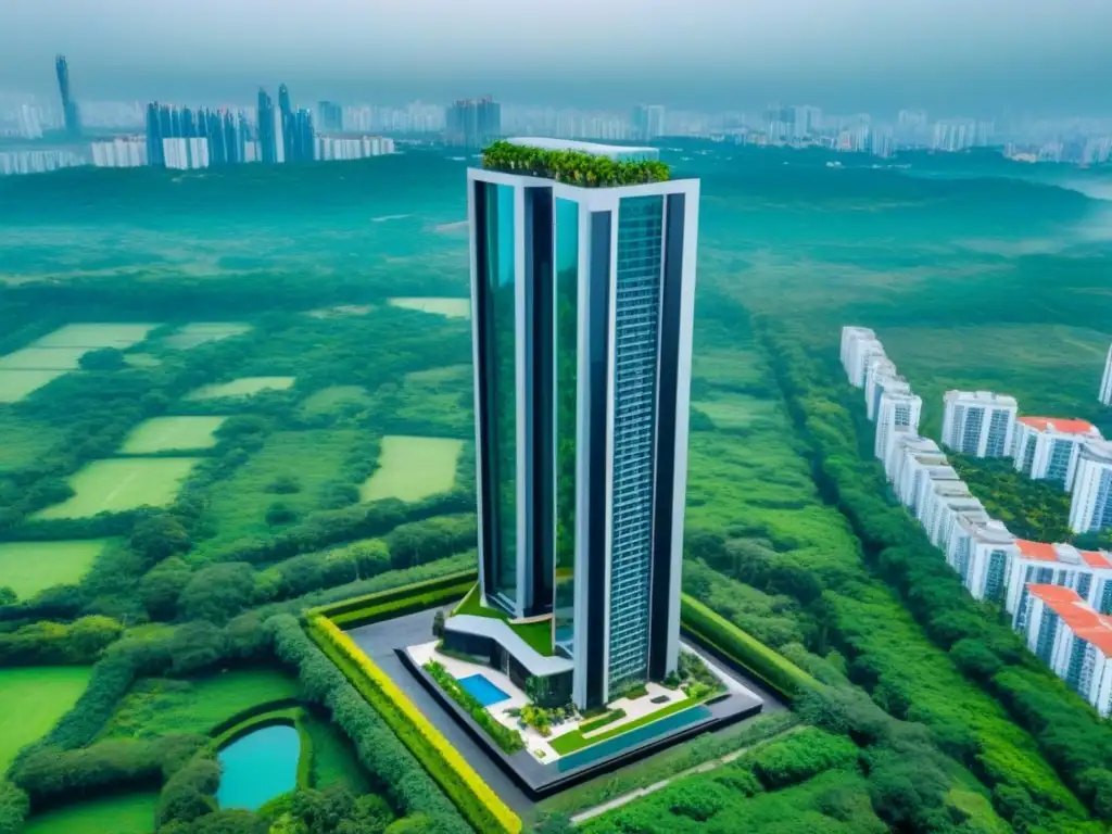 Rascacielos moderno rodeado de vegetación exuberante Torre moderna rodeada de vegetación, reflejando una marca inmobiliaria irresistible en el mercado internacional