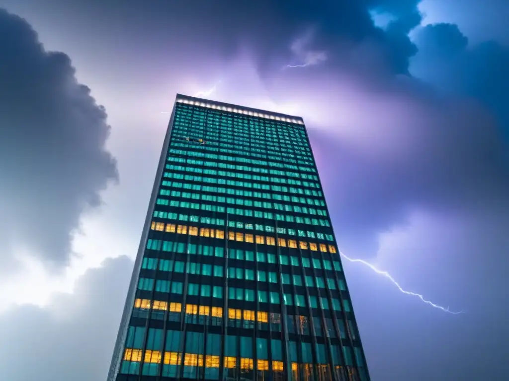 Tormenta en rascacielos: crisis inmobiliaria global Torre moderna en tormenta con relámpagos, refleja riesgo inmobiliario en crisis global