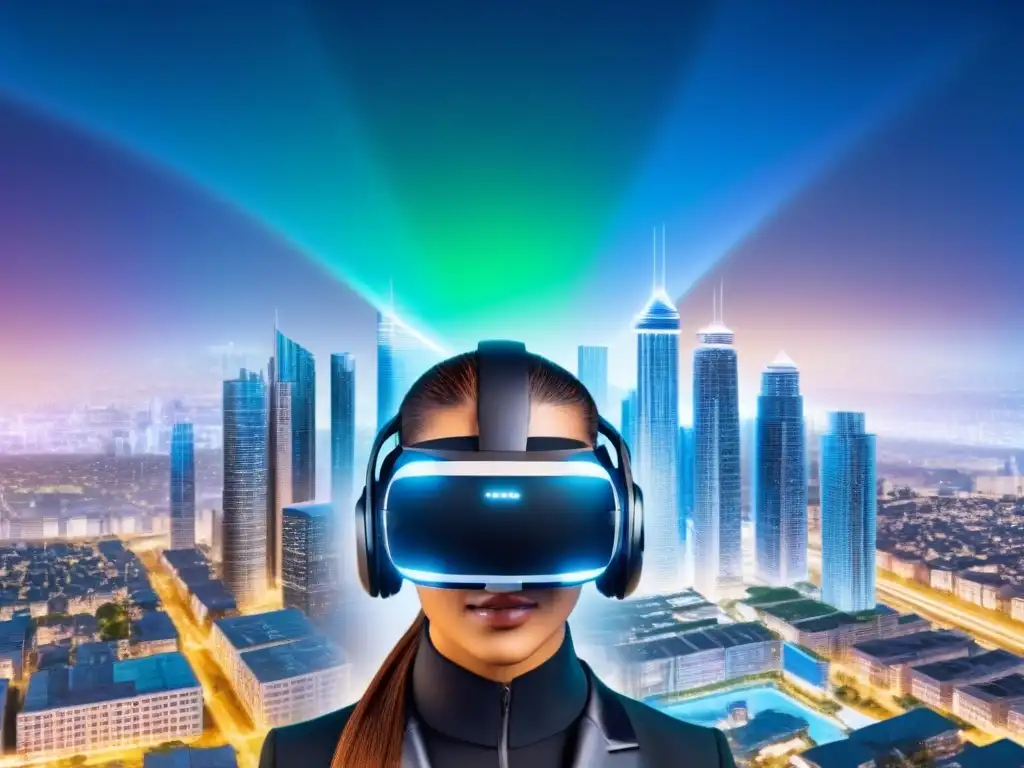 Realidad virtual futurista: arquitectura y finanzas en 8k Inmersión total en un mundo virtual futurista con cascos de realidad virtual en un mercado inmobiliario digital