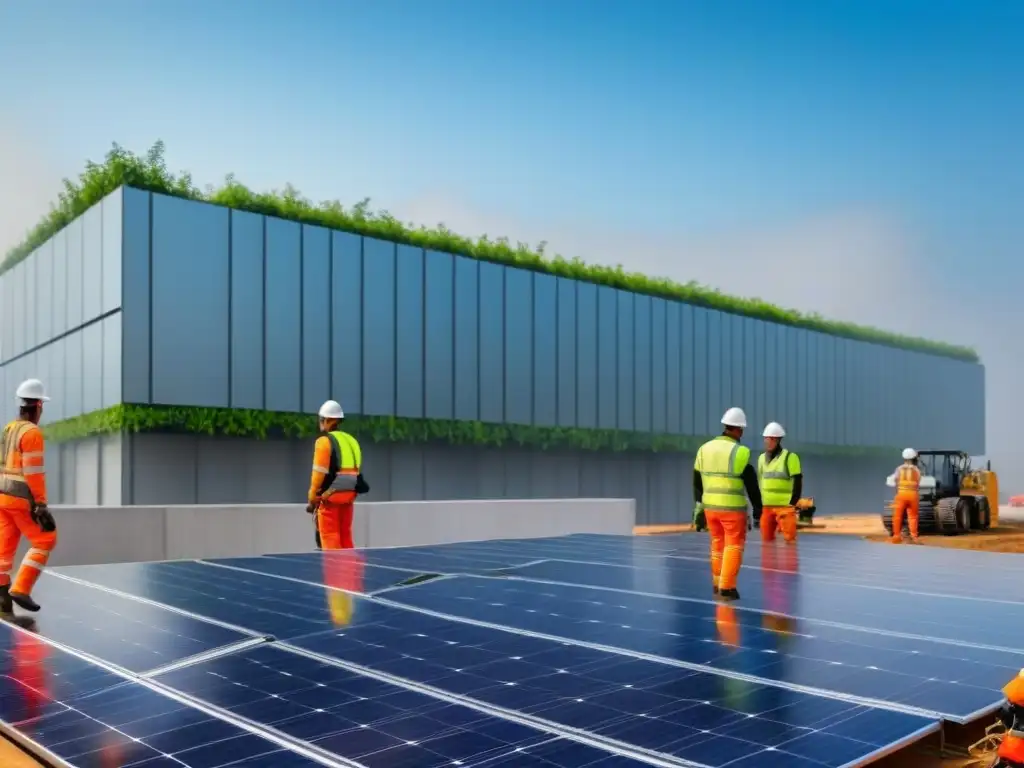 Construcción sostenible: Futuro ecoamigable 8k Trabajadores ensamblan materiales ecológicos en obra sostenible bajo cielo azul, destacando diseño futurista con paneles solares y vegetación
