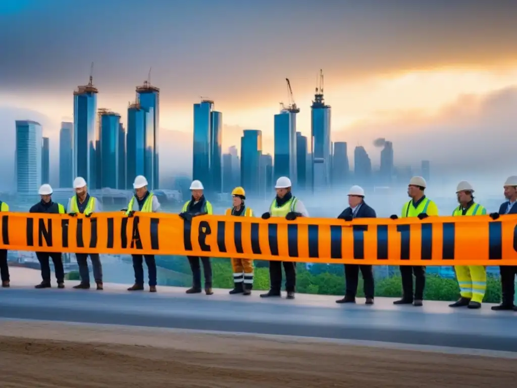 Construcción segura: obreros en obra de rascacielos modernos Trabajadores en obra siguen normativas seguridad inversores inmobiliarios internacionales