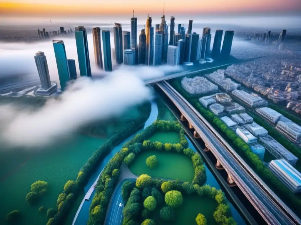 Metrópolis del futuro: armonía entre modernidad y naturaleza Transformaciones en áreas metropolitanas: una fusión impresionante de rascacielos modernos y espacios verdes, con planificación urbana sostenible