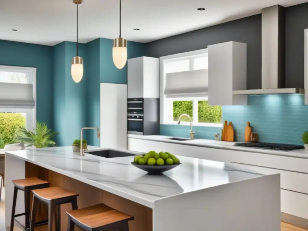 Transformación de cocina moderna con elegancia y lujo Transformaciones propiedades valor mercado: Cocina moderna con elegantes detalles blancos, isla espaciosa y ventana luminosa