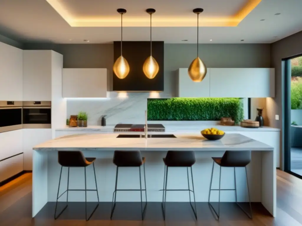 Cocina de lujo: renovación moderna en mármol y acero inoxidable Transformaciones propiedades valor mercado: Renovación lujosa de cocina moderna con detalles elegantes y luminosidad natural