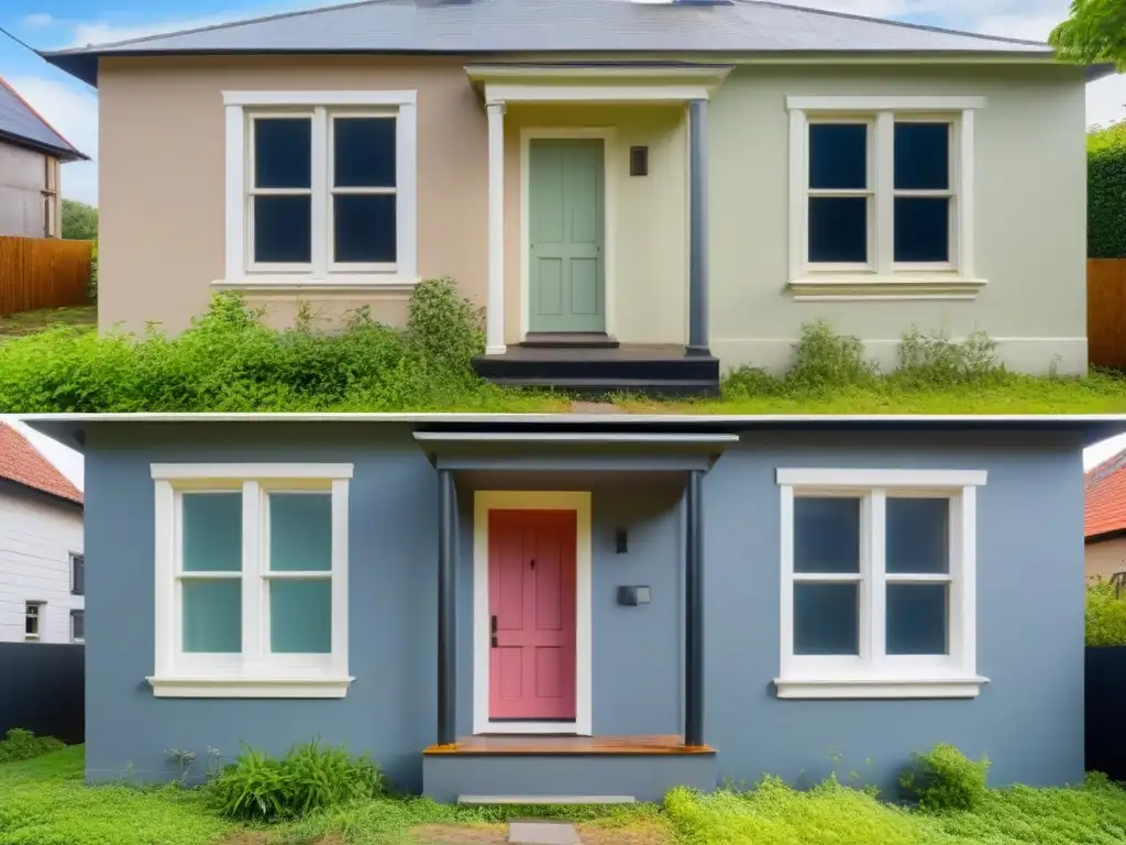 Transformación de casa: de deteriorada a moderna Transformaciones propiedades valor mercado: casa deteriorada vs renovada, resaltando su potencial de transformación