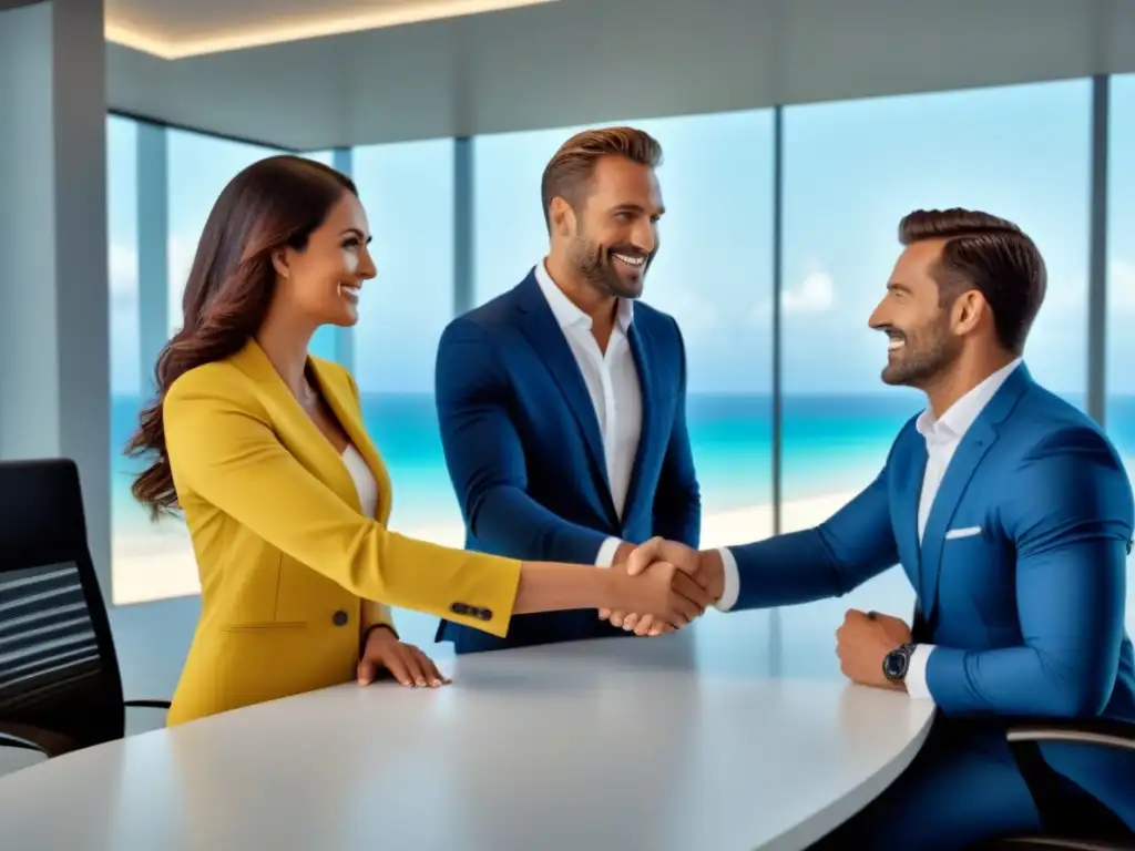 Contrato firmado: Venta exitosa de timeshare en oficina moderna Un trato exitoso en técnicas persuasión compradores tiempo compartido en una oficina moderna y elegante