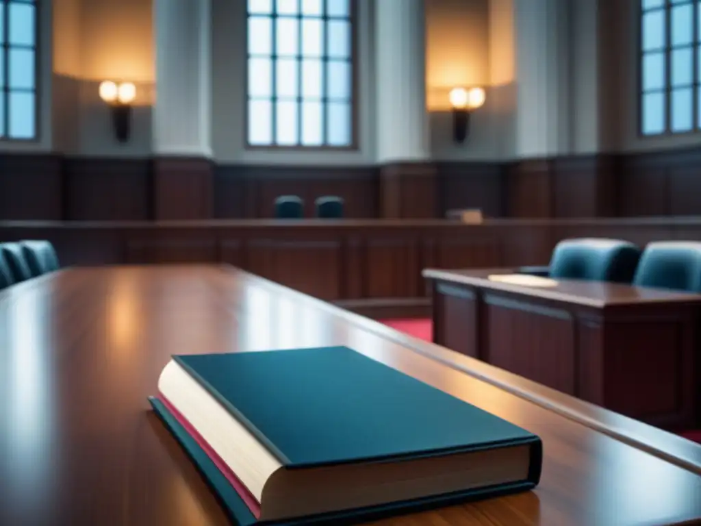 Escena legal imponente en una sala de audiencias moderna Un tribunal moderno y elegante, con abogados y clientes discutiendo sobre Protección inversores tiempo compartido