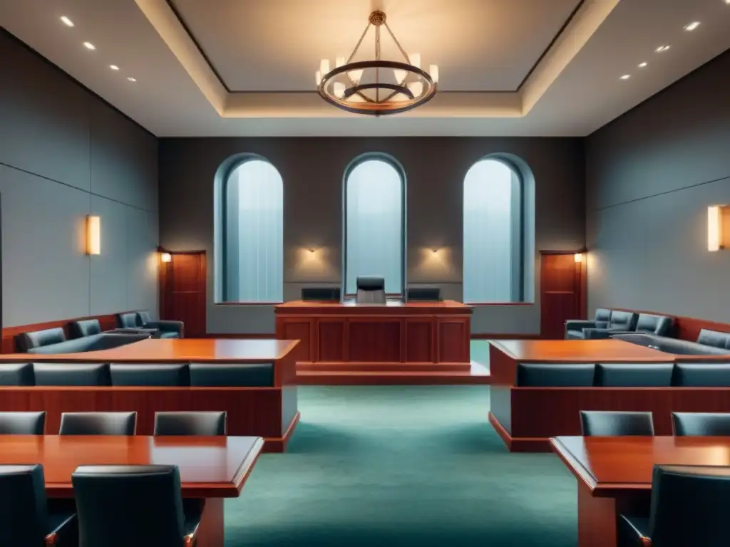 Escenario de tribunal moderno y elegante en resolución 8K Un tribunal moderno y elegante con sofisticación y autoridad, ideal para soluciones legales conflictos arrendamiento internacional